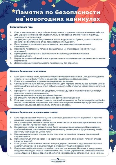 Памятка по безопасности на новогодние каникулы